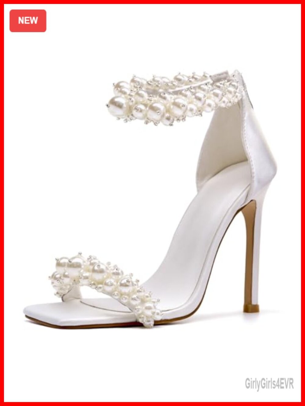 Satin Stiletto Heel Sandals with Pearl Ankle Strap Square Toe Zip